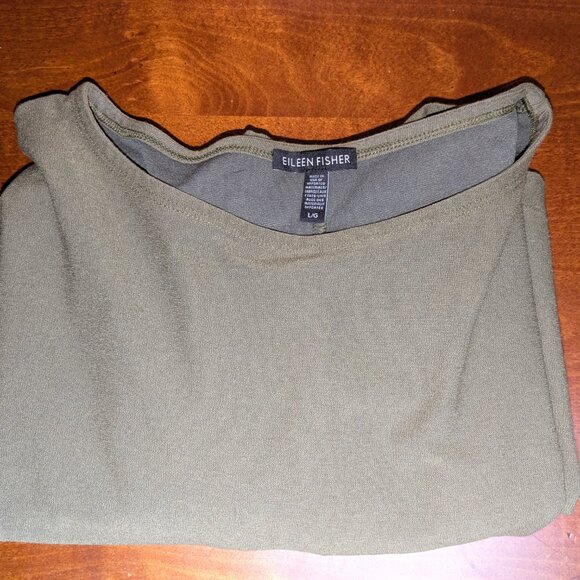 Eileen Fisher Olive Green Viscose Boxy Short Sleeve Dress Large Lagenlook Pocket - Picture 9 of 11